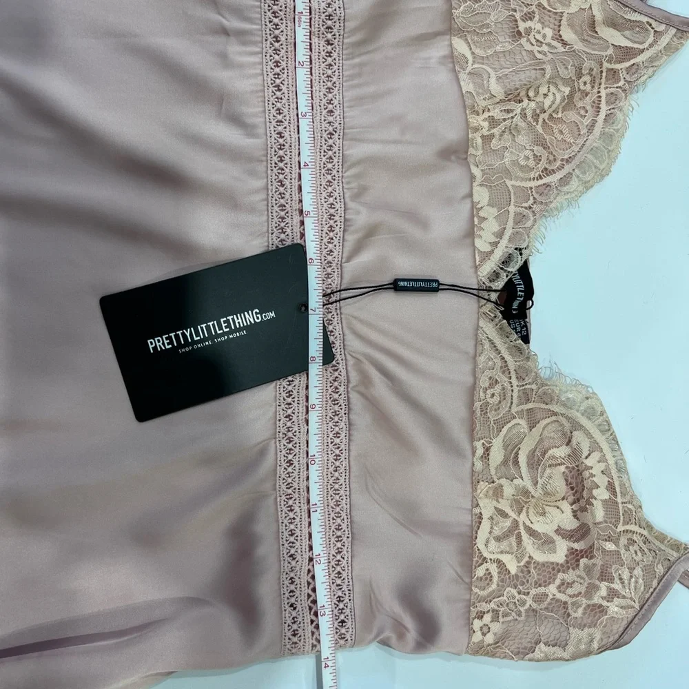 NWT PrettyLittleThing Coquette Satin Slip Dress Pink Lace Mini Y2K - Picture 7 of 11